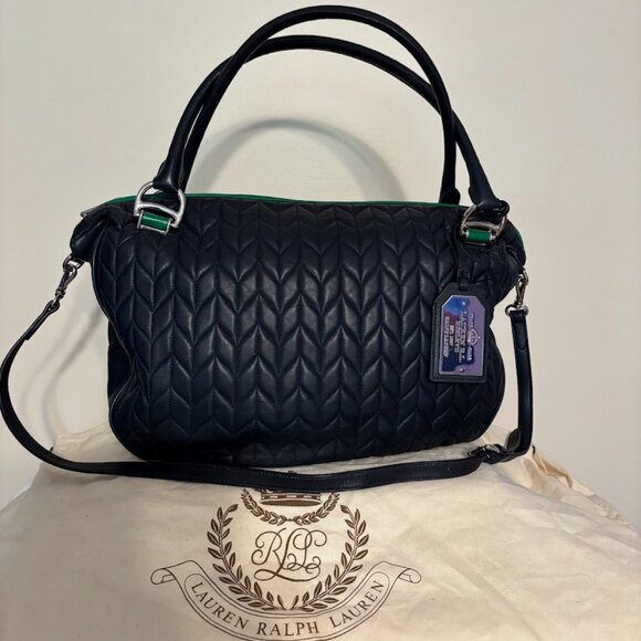 RALPH LAUREN Navy/Green Quilted Leather Bag with Dust Bag - Excellent Condition - Picture 7 of 16